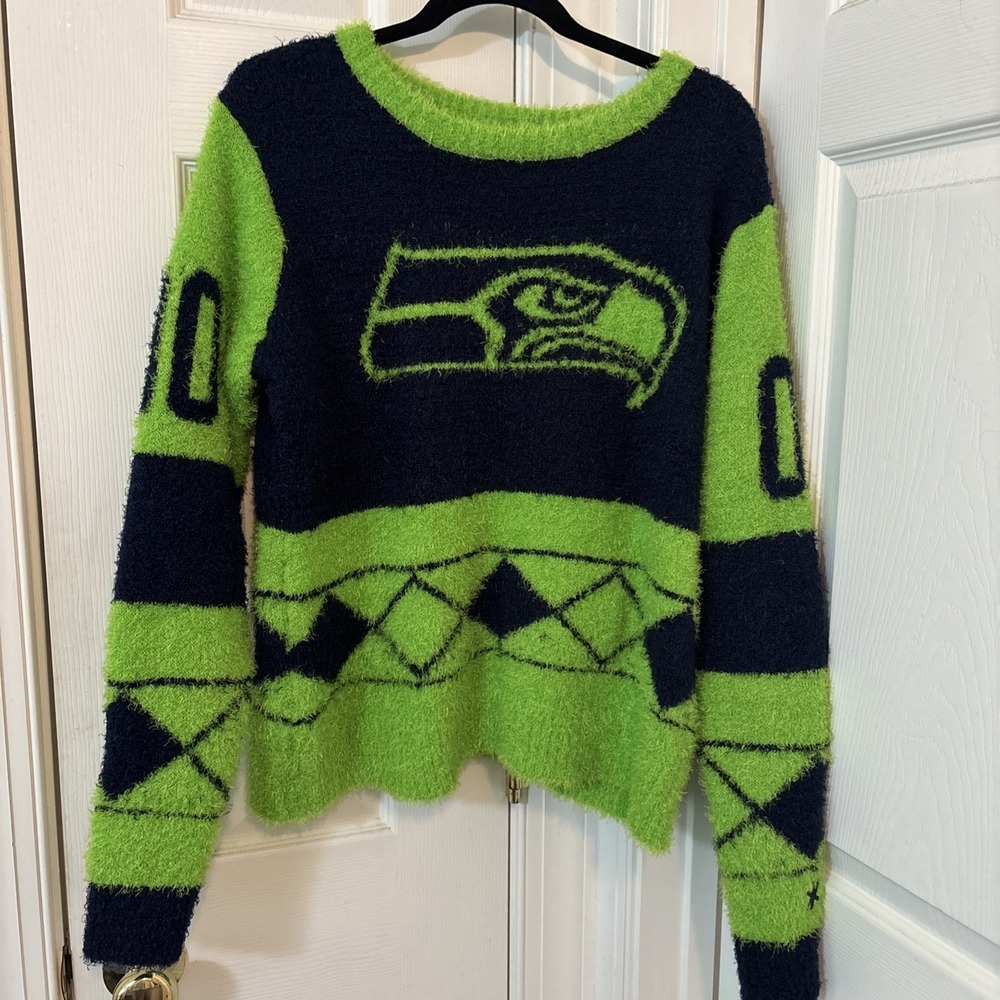 NFL Seattle Seahawks Womens Eyelash Fuzzy Sweater Navy Lime Green XL